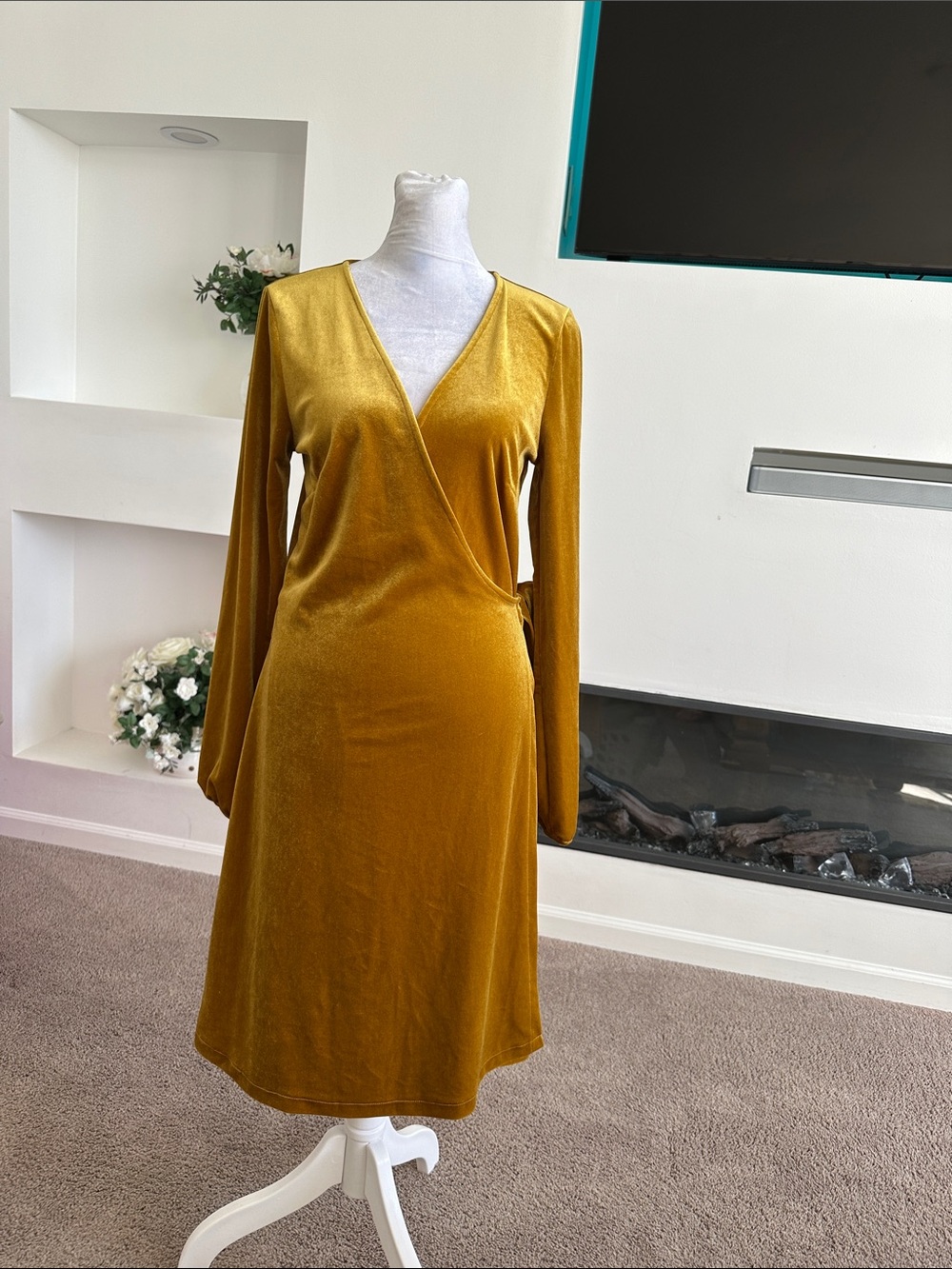 Boden Mustard Wrap-Style Velvet Long-Sleeve Dress